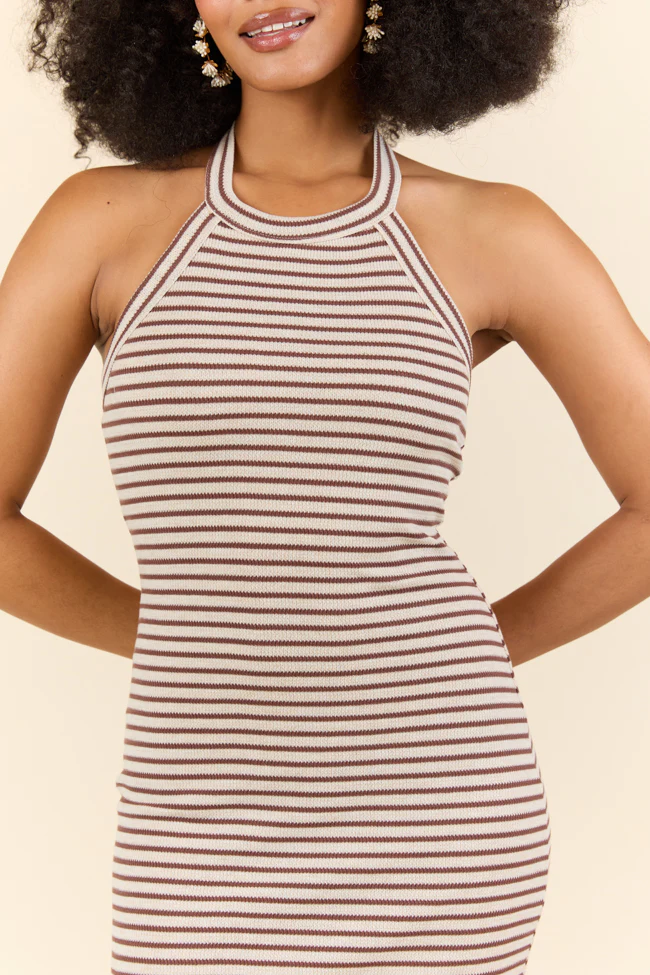 Walk By The Water Brown Striped Knit Razor Back Dress SALE - Terpint