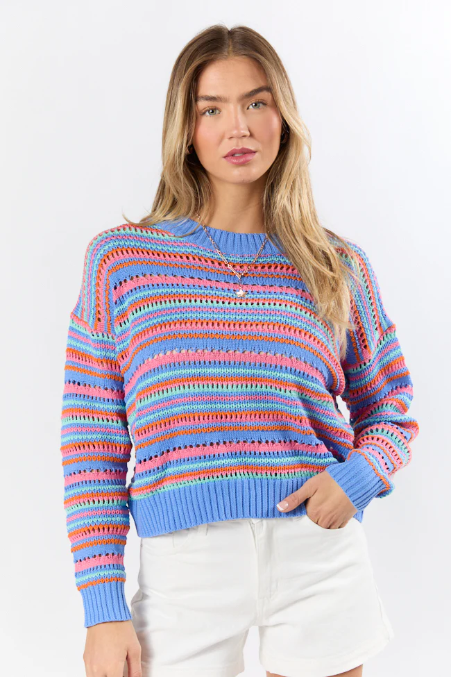 Party Cove Blue Multi Striped Open Knit Sweater FINAL SALE - Terpint