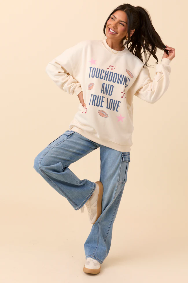 Touch Downs And True Love Cream Graphic Sweatshirt - Terpint