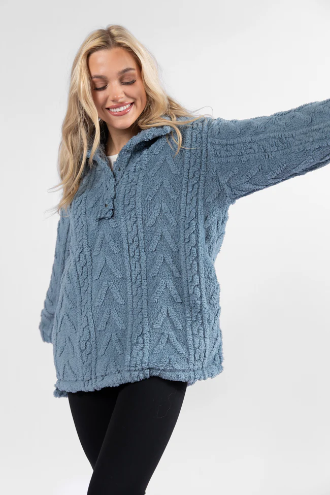 Take The Leap Blue Cable Detail Sherpa Pullover FINAL SALE - Terpint