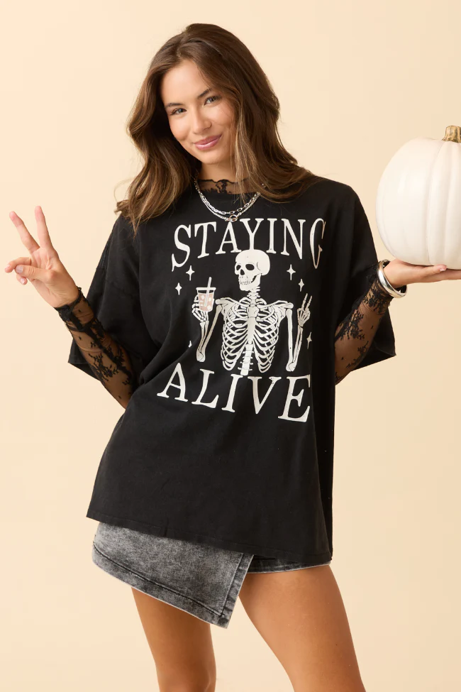 Staying Alive Black Oversized Graphic Tee DOORBUSTER - Terpint