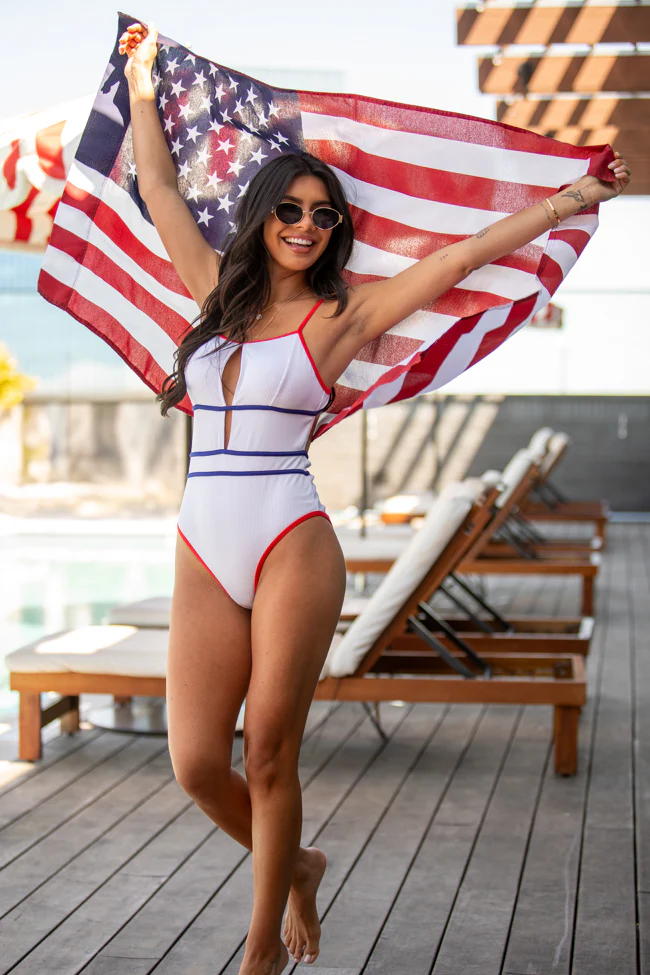 Wave Of Liberty White Ribbed Key Hole One Piece Swimsuit FINAL SALE - Terpint