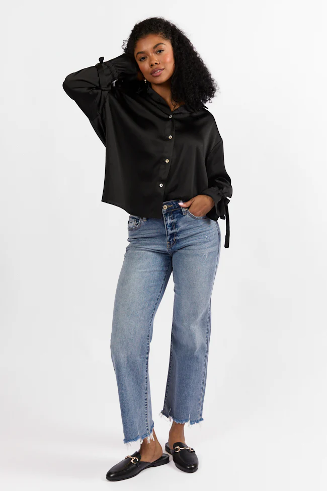 Think It Through Black Bow Cuff Satin Button Down Shirt FINAL SALE - Terpint
