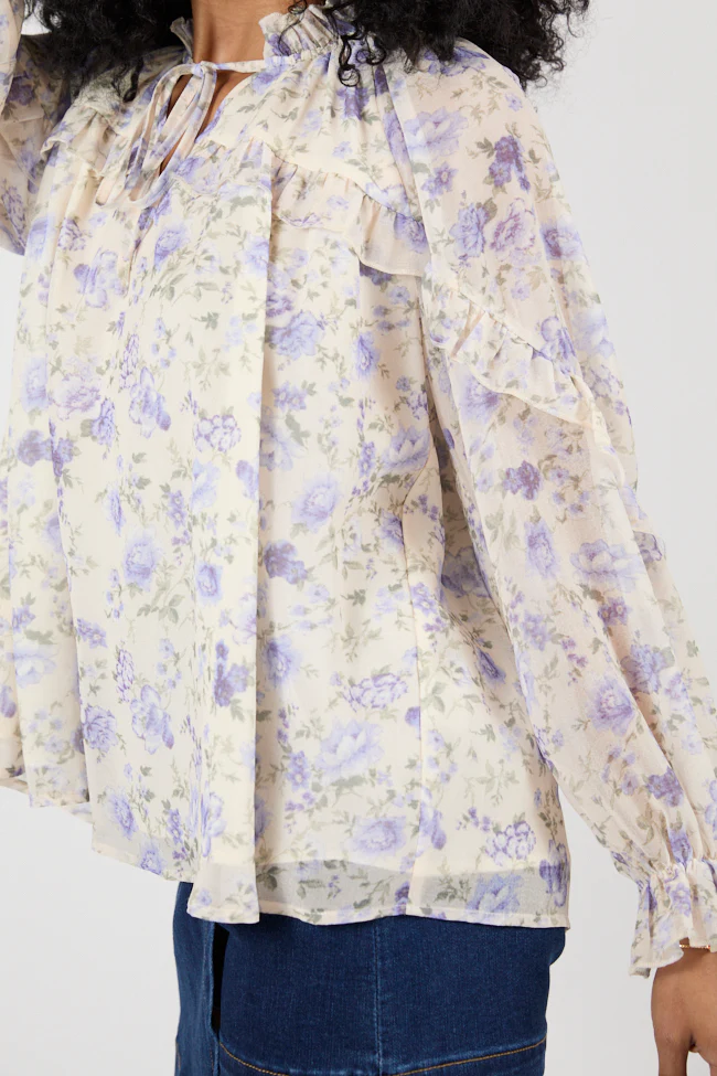 All I Want Purple Multi Oversized Ruffle Detail Popover Floral Blouse FINAL SALE - Terpint