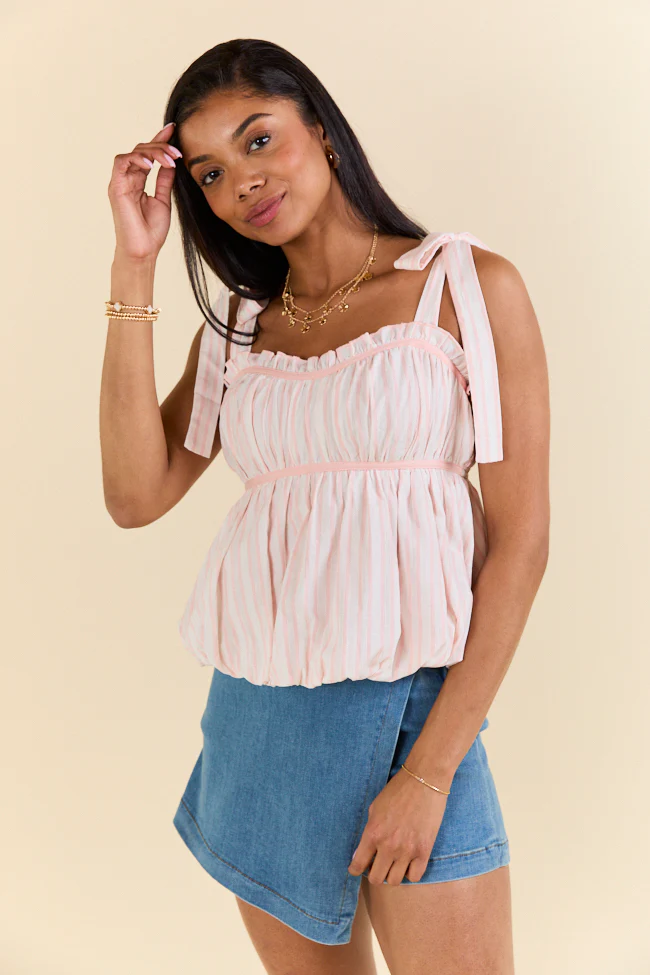 Makes My Heart Smile Pink and Cream Striped Tie Shoulder Top FINAL SALE - Terpint
