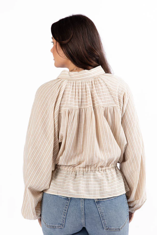 My Hands Are Tied Taupe Striped Drawstring Button Down Blouse FINAL SALE - Terpint
