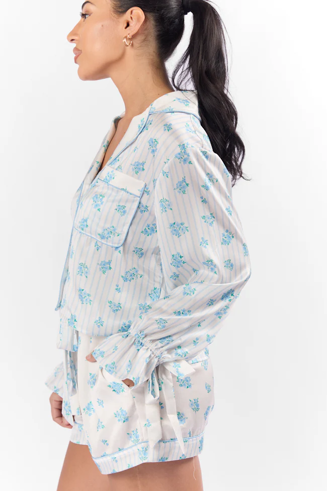 Sleep On My Side Blue Floral Satin Long Sleeve Pajama Top FINAL SALE - Terpint