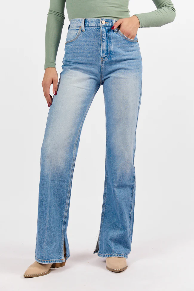 Emily Light Wash 90's Flare Split Hem Wide Leg Jeans SALE - Terpint