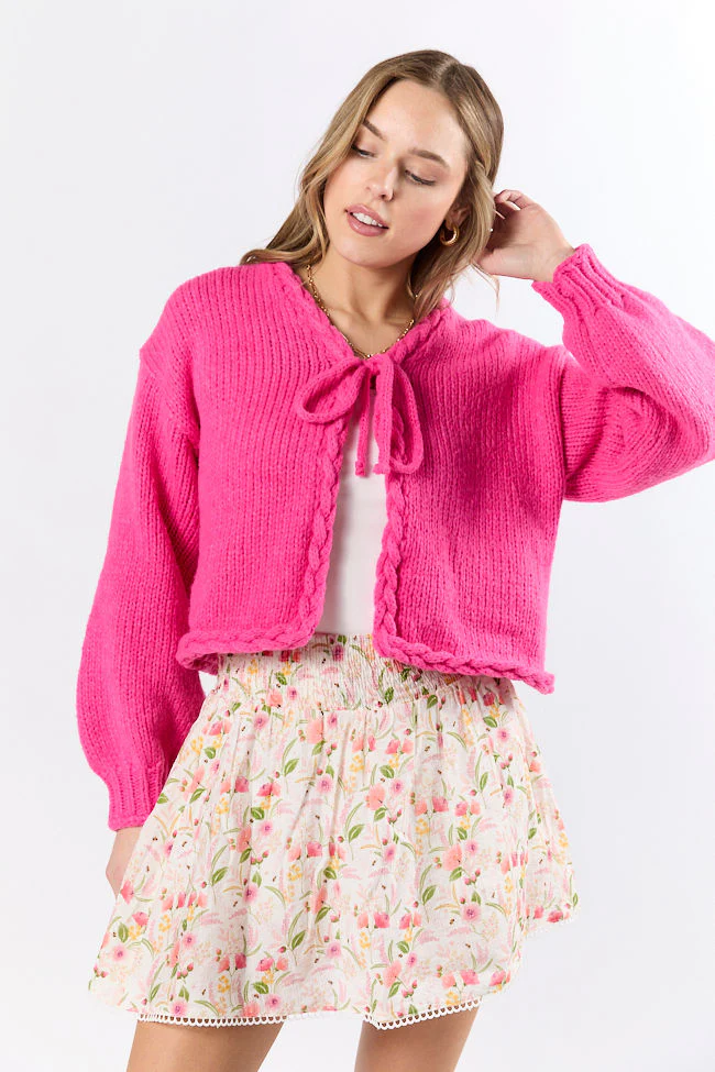 Limitless Love Hot Pink Braided Trim Tie Front Cardigan FINAL SALE - Terpint