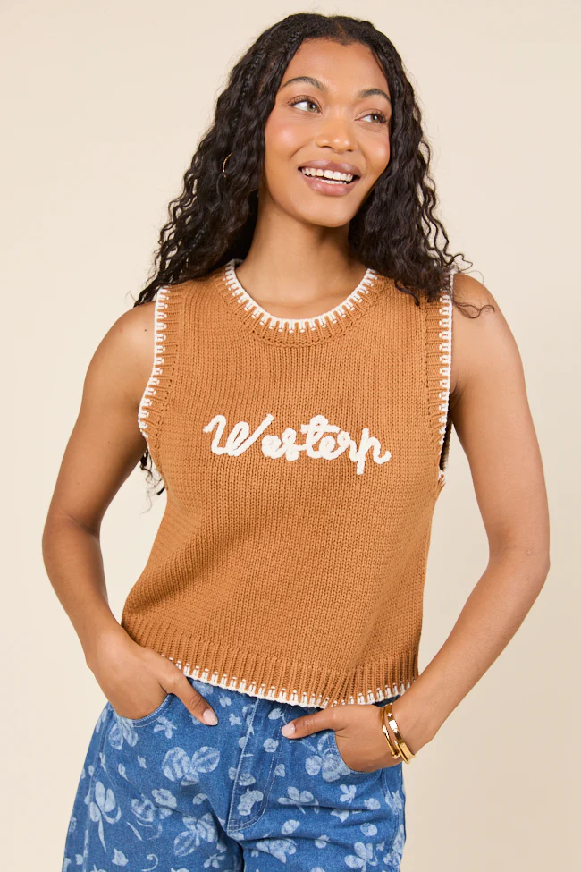 Selah Sleeveless Brown Western Sweater Vest - Terpint
