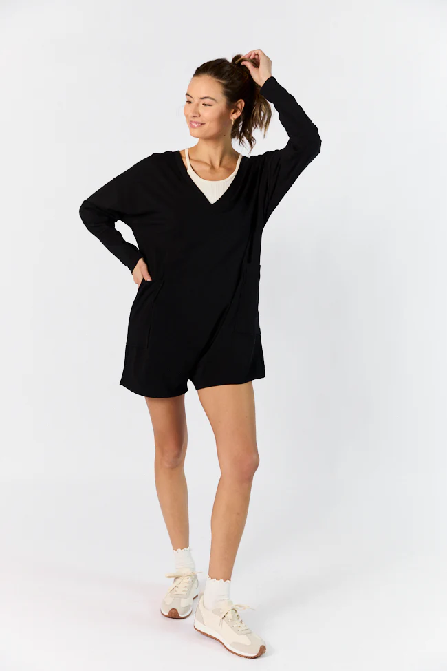 On A Daily Basis Black Deep V-Neck Pocketed Long Sleeve Romper FINAL SALE - Terpint