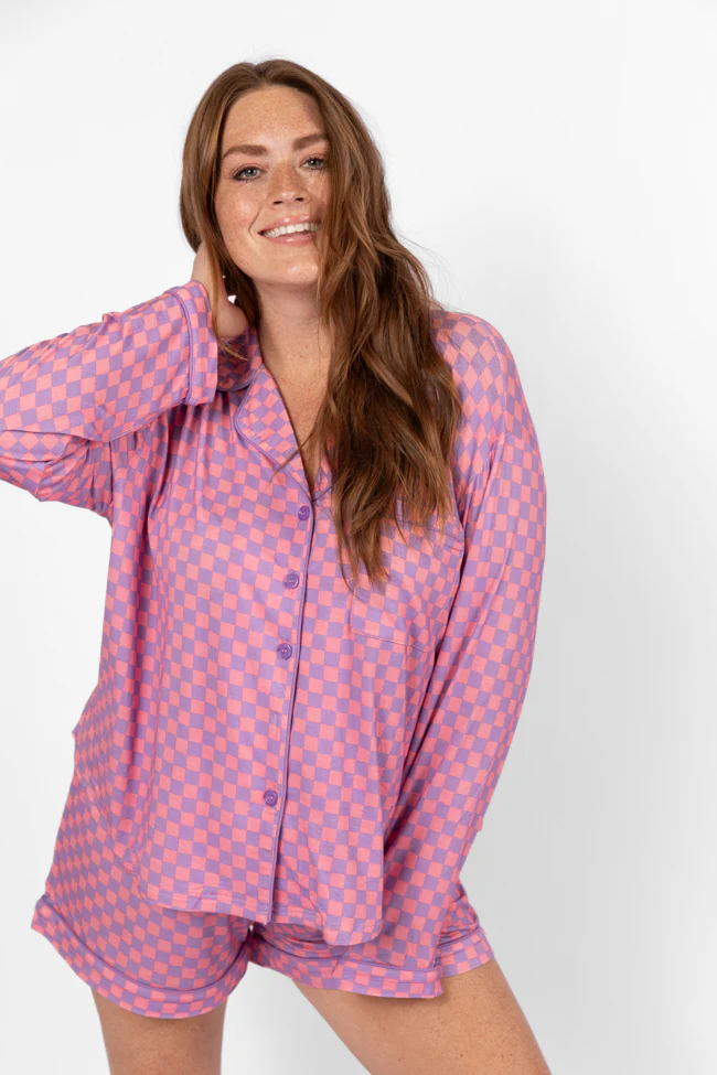 Good To Get Away Light Pink and Lilac Checkered Long Sleeve Pajama Top FINAL SALE - Terpint