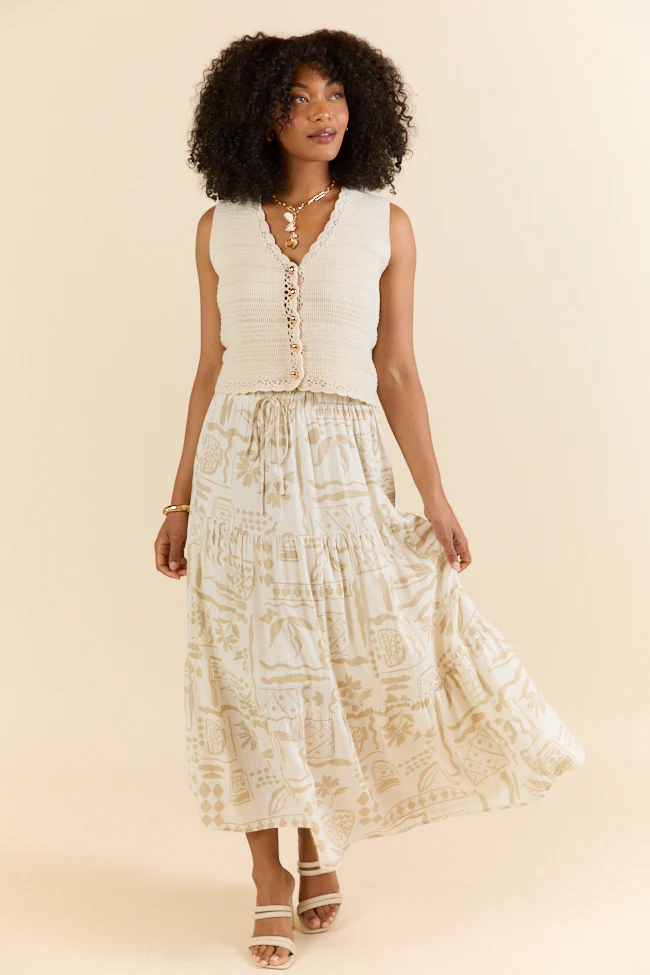 First Stop Ivory and Beige Icon Printed Midi Skirt FINAL SALE - Terpint