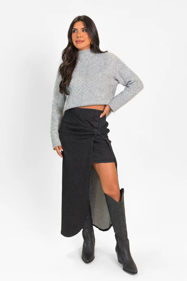 Unexpected Turn Black Denim Twist Front Midi Skirt FINAL SALE - Terpint