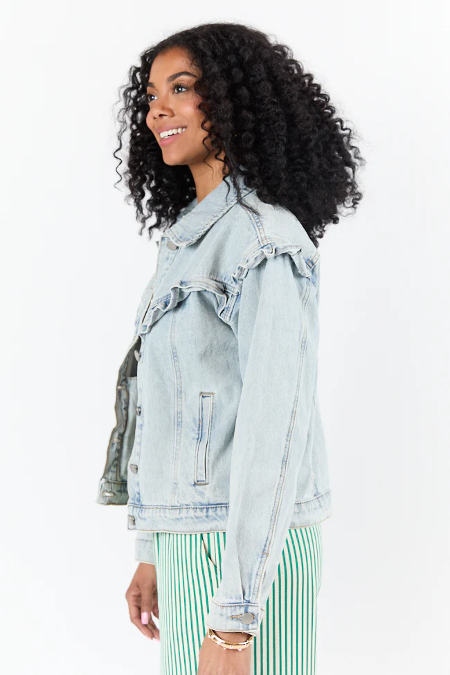 Told You So Light Wash Ruffle Trim Denim Jacket DOORBUSTER - Terpint