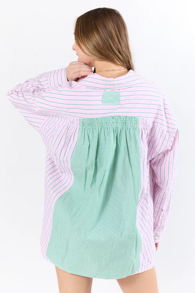 Palm Grove Light Pink and Green Multi Stripe Button Down Shirt DOORBUSTER - Terpint