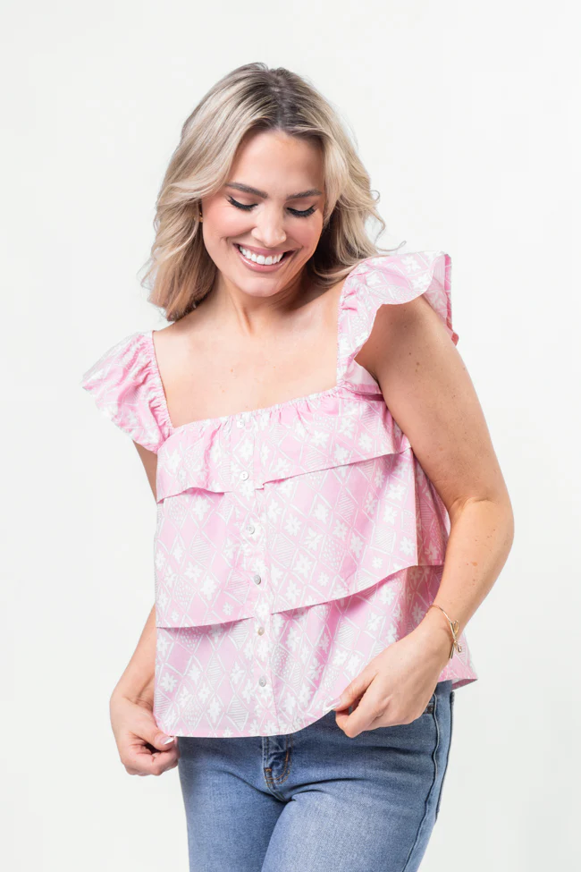 Wonderful Wildflowers Pink Print Button Front Tiered Tank SALE - Terpint