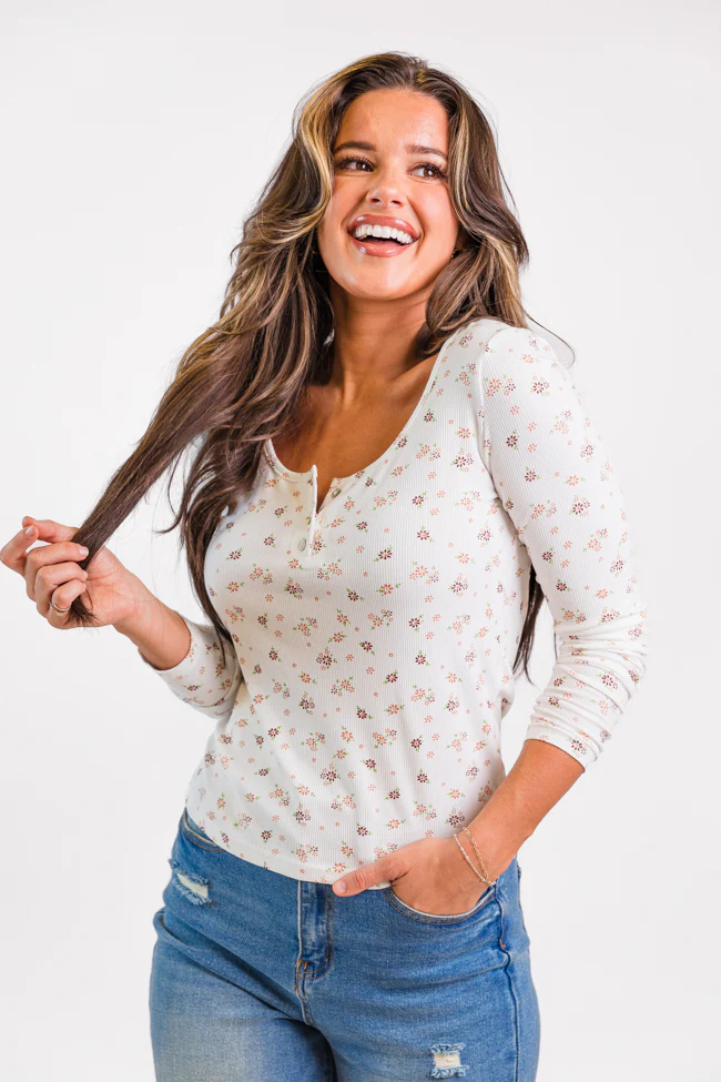 Best In Bloom Ivory Ribbed Floral Henley Top FINAL SALE - Terpint