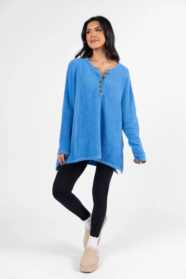 Thinking Of You Blue Fuzzy Henley Blouse FINAL SALE - Terpint