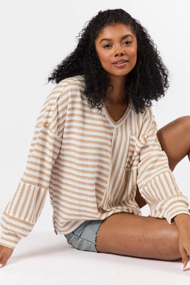 All For Sun Tan and Ivory Striped Knit V-Neck Long Sleeve Tee FINAL SALE - Terpint