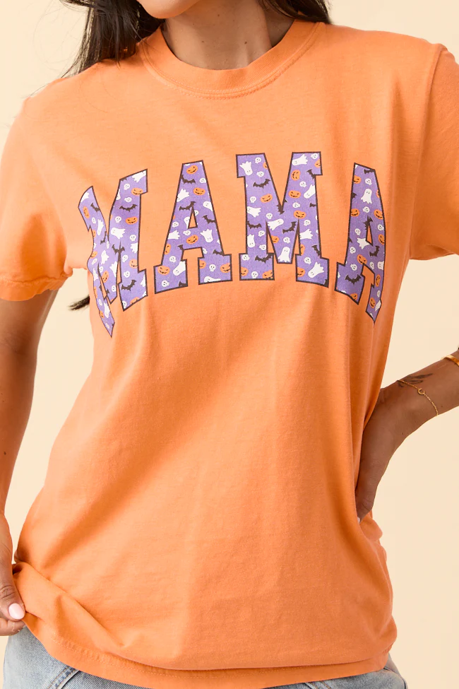 Mama Block Purple Halloween Print Burnt Orange Graphic Tee - Terpint