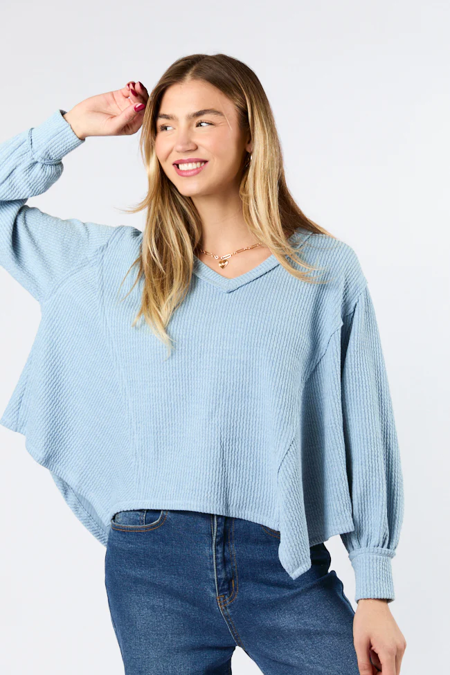 Never Say Never Dusty Blue Ribbed Knit V-Neck Long Sleeve Top FINAL SALE - Terpint