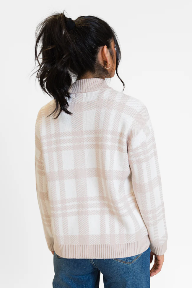 Make It Count Beige Plaid Printed Quarter Zip Pullover FINAL SALE - Terpint