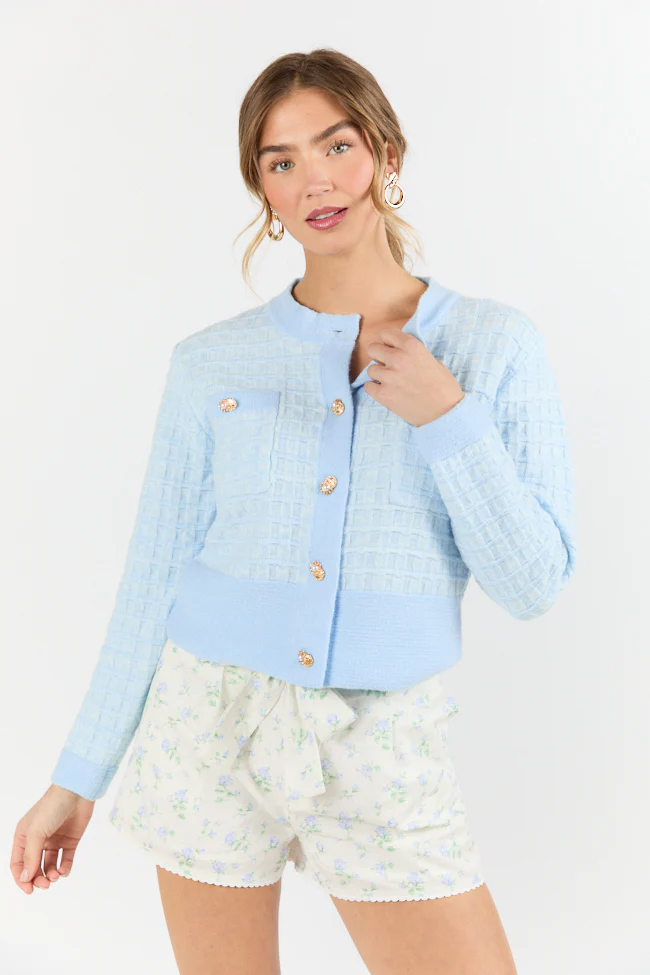 Running On Love Blue Textured Woven Detail Cardigan FINAL SALE - Terpint