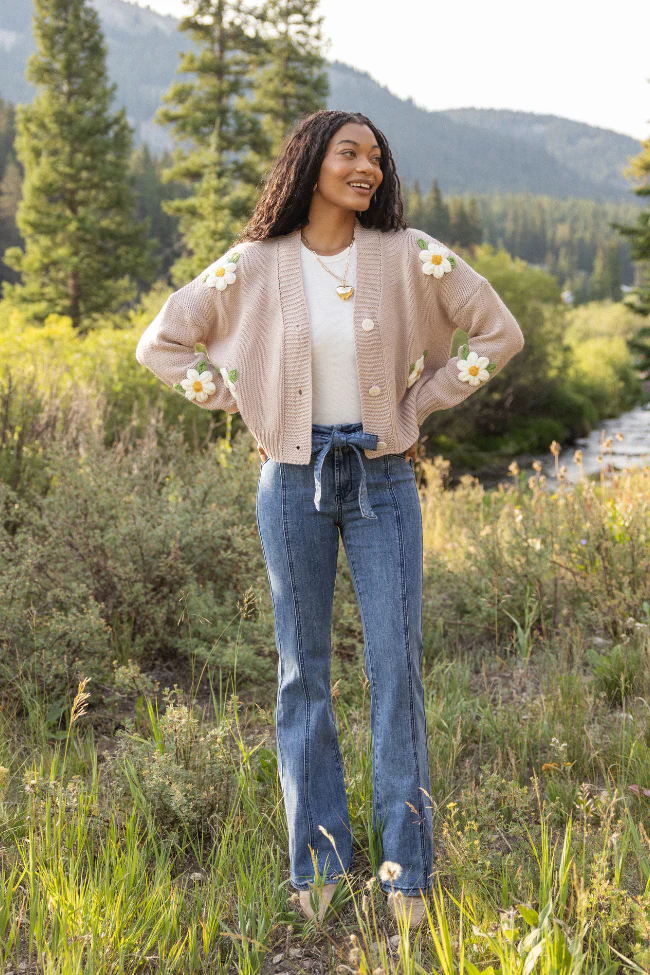 Samantha Long Sleeve Taupe Daisy Cardigan - Terpint
