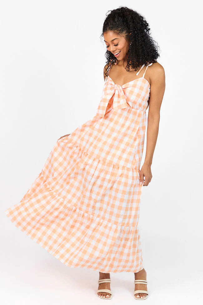 Checked Out Orange Gingham Tie Front Maxi Dress FINAL SALE - Terpint