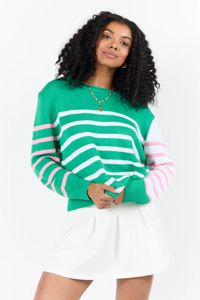 Coastal Prep Green and Pink Color Block Crew Neck Sweater - Terpint