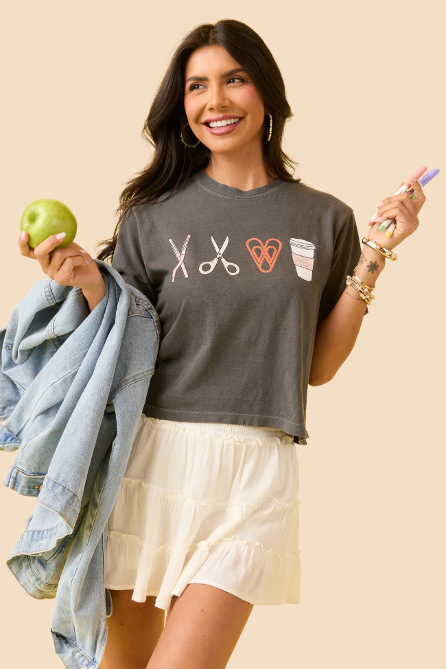 School Supplies Dark Grey Boxy Graphic Tee - Terpint