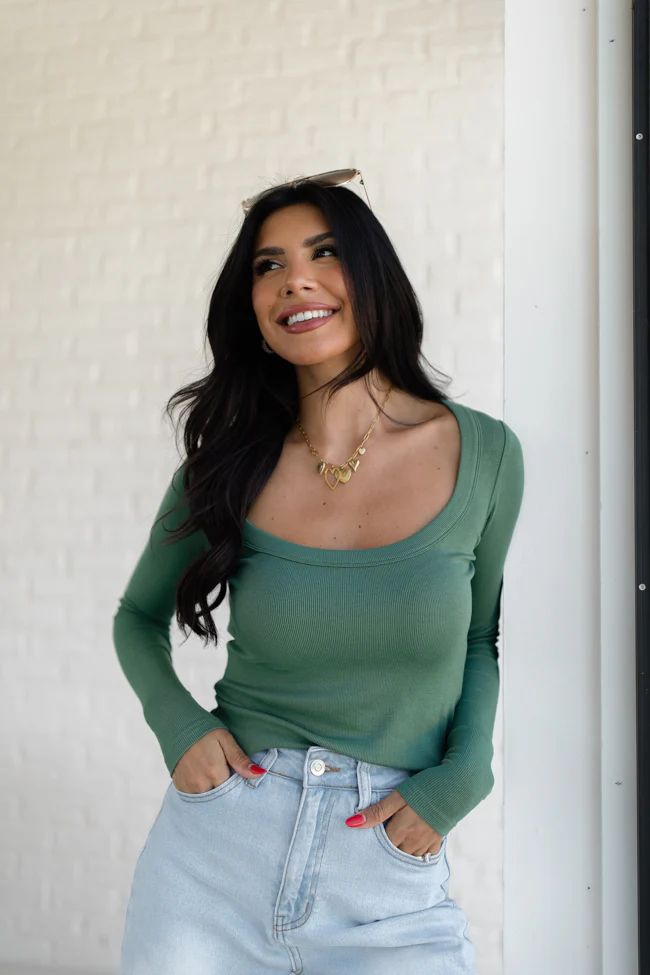 Make Your Choice Olive Ribbed Scoop Neck Long Sleeve Tee FINAL SALE - Terpint