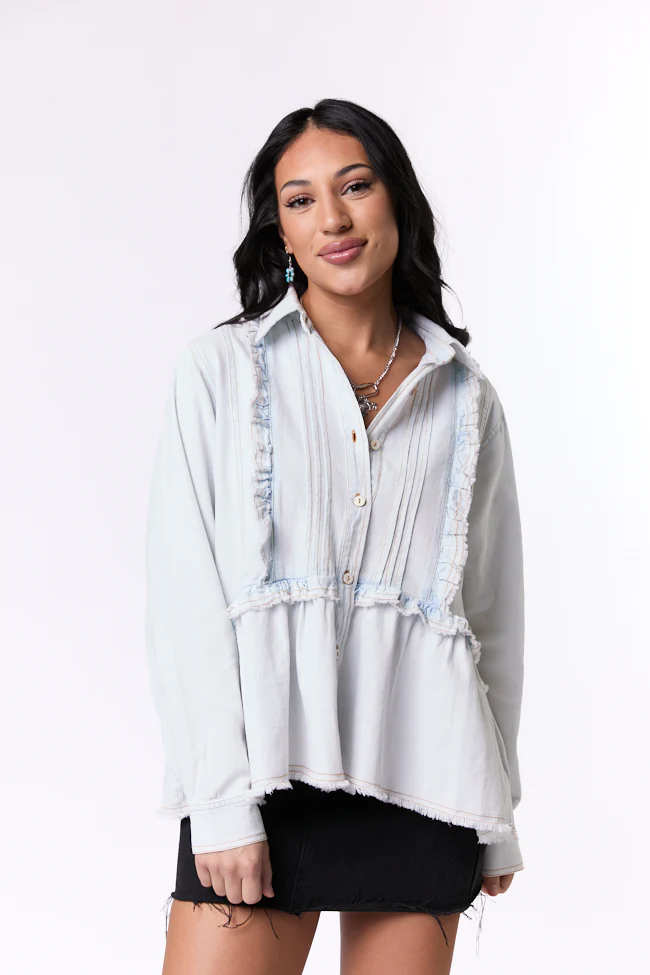 Here To Prove Light Wash Ruffle Trim Peplum Chambray Blouse SALE - Terpint