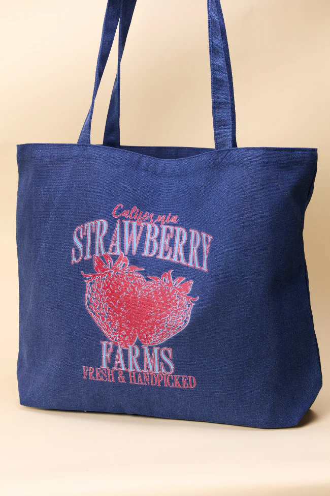 Strawberry Farms Washed Navy Graphic Tote Bag - Terpint