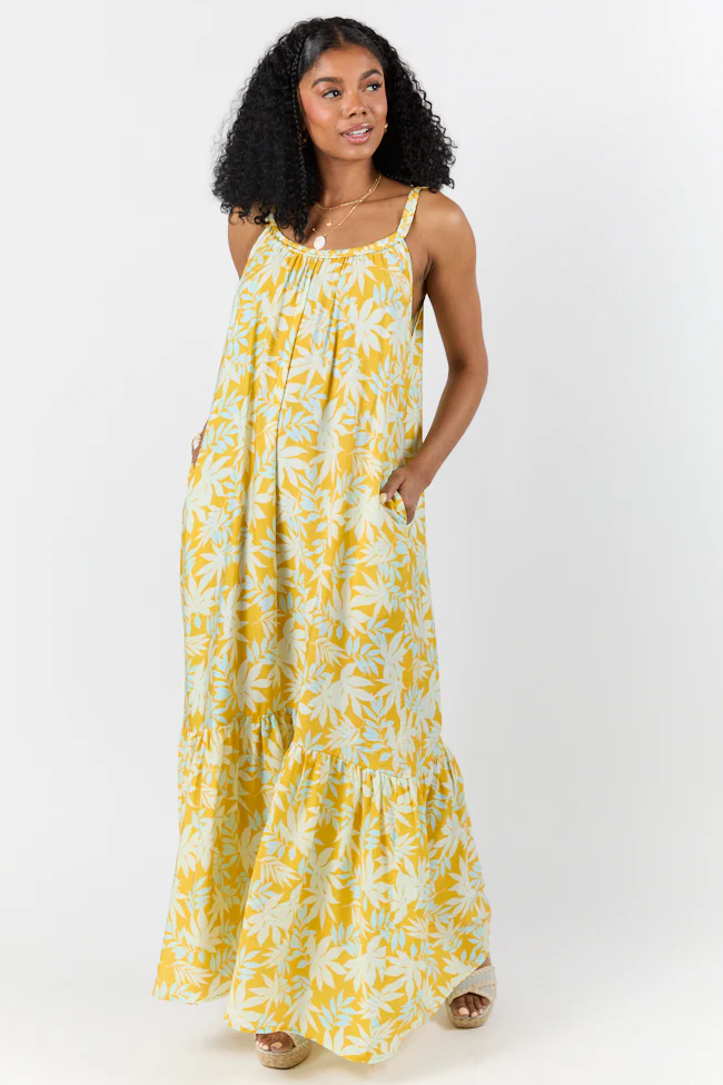 Painting The Sky Yellow Leaf Print Maxi Dress DOORBUSTER - Terpint