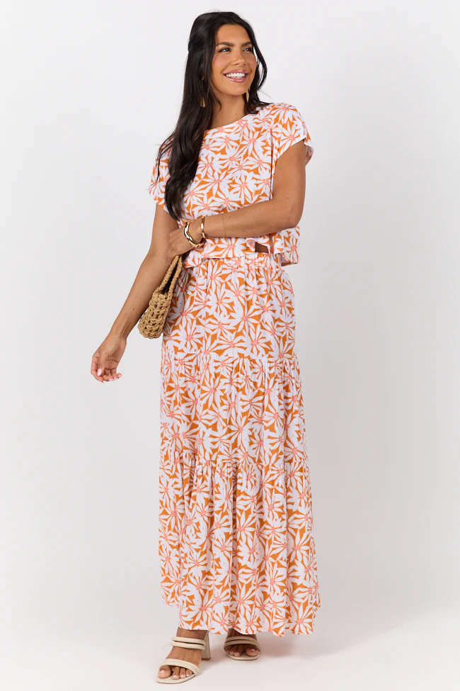 Dinner Downtown Orange Multi Floral Print Two Piece Skirt Set - Terpint
