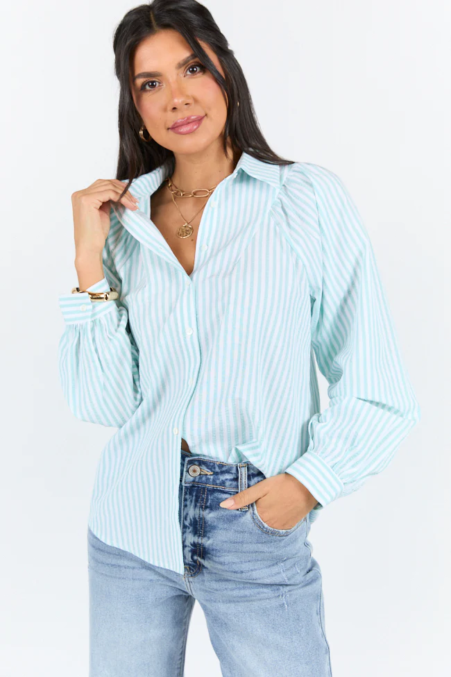 Here Lately Green Striped Button Down Top SALE - Terpint