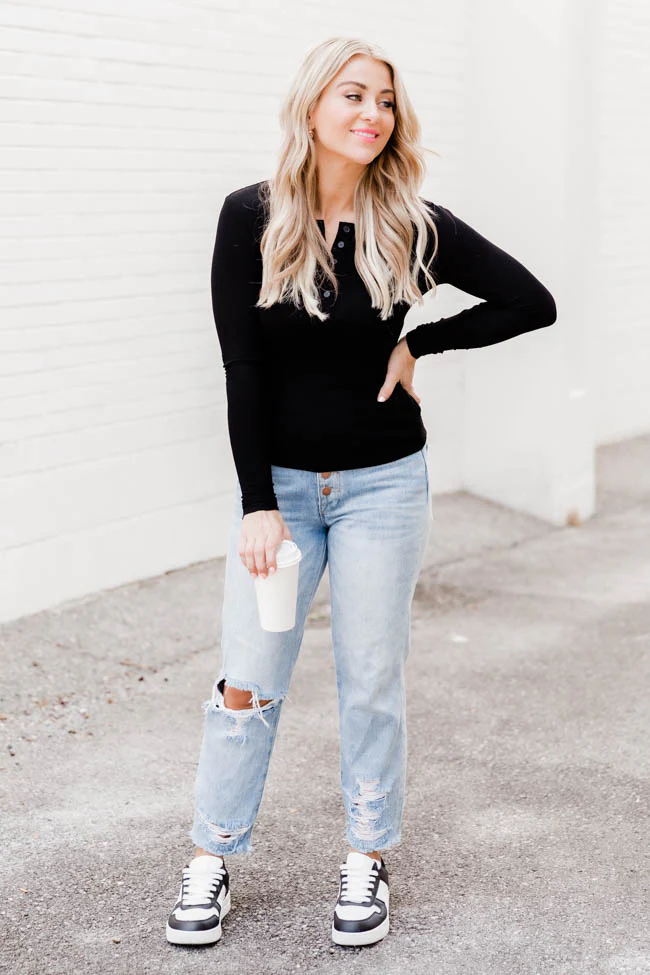 All The Better Black Ribbed Knit Henley Long Sleeve Tee FINAL SALE - Terpint
