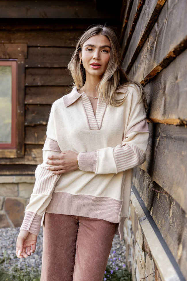 Think About It Cream and Mauve Collared Oversized Sweater - Terpint
