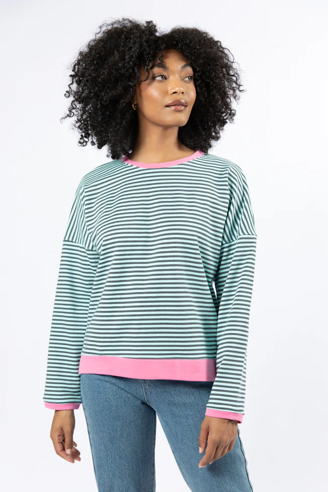 Think On It Pink, Navy, and Charcoal Striped Contrast Trim Pullover FINAL SALE - Terpint