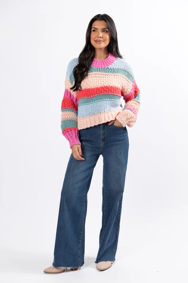In Line Peach Multi Chunky Striped Sweater DOORBUSTER - Terpint