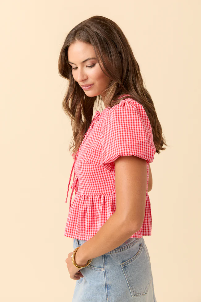 Mila Red Gingham Tie Front Flounce Woven Blouse DOORBUSTER - Terpint