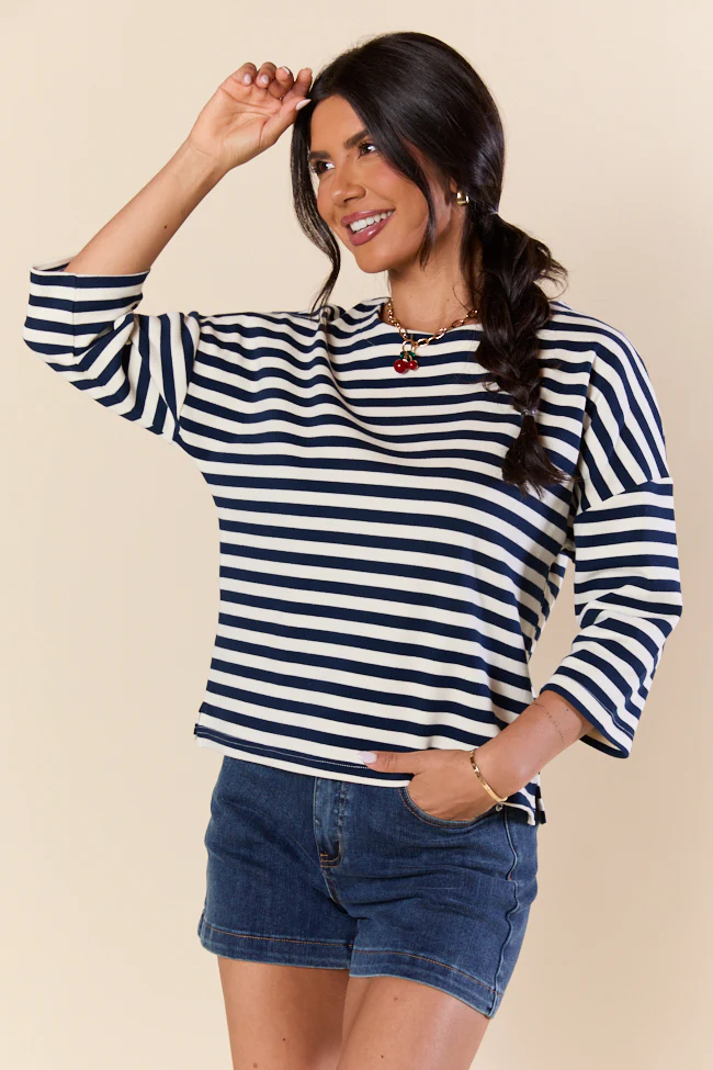 Bold Lines Navy Striped 3/4 Sleeve Knit Top SALE - Terpint