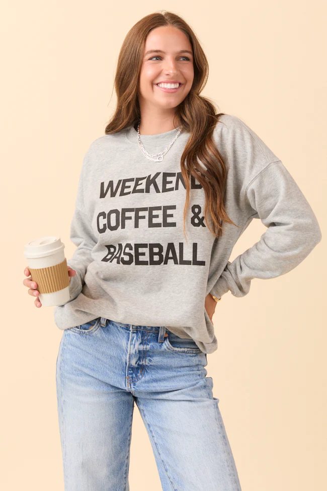 Weekends Coffee and Baseball Light Grey Graphic Sweatshirt - Terpint