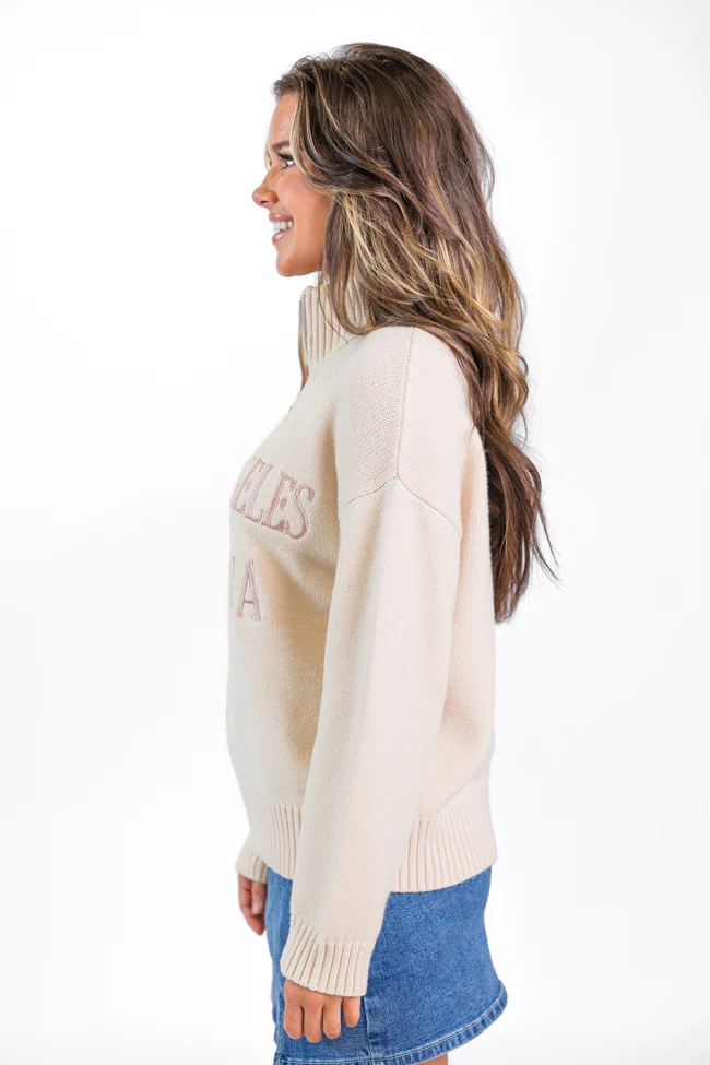 Roll With It Beige Los Angeles Embroidered Quarter Zip Sweater FINAL SALE - Terpint