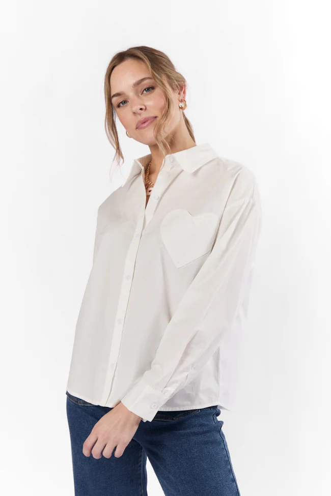 All My Love Heart Pocket Ivory Button Down Blouse FINAL SALE - Terpint