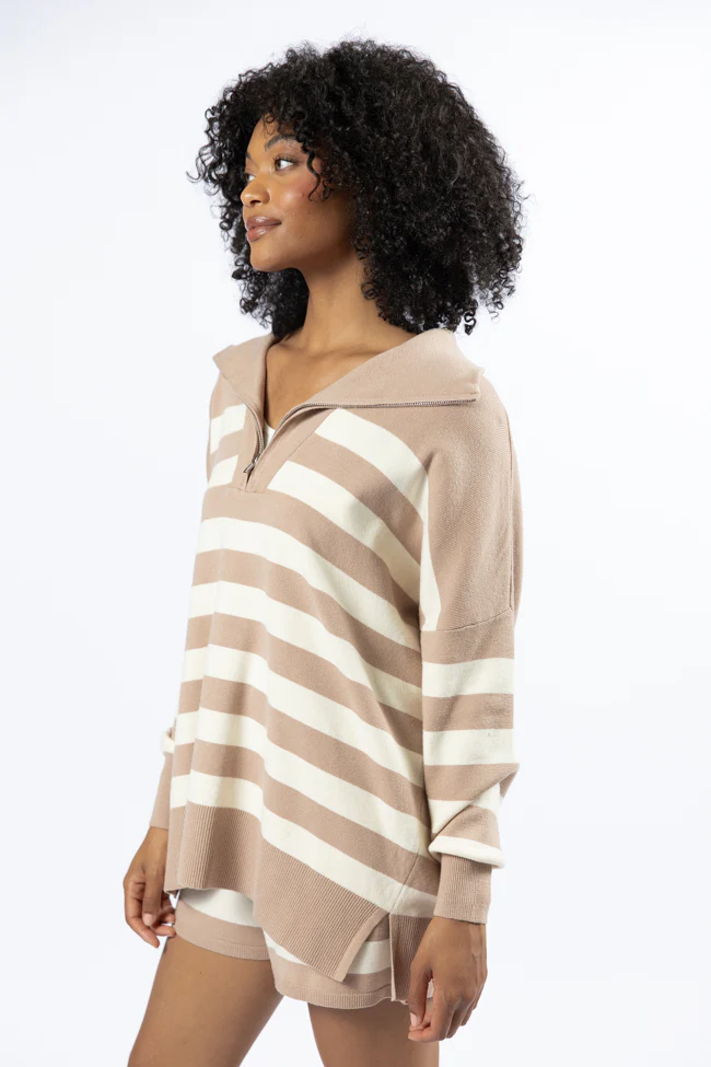 Pulling Heartstrings Taupe And Cream Striped Quarter Zip Pullover FINAL SALE - Terpint