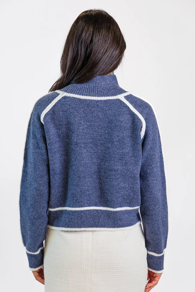 In Between Navy and Ivory Contrast Stitch Mock Neck Sweater FINAL SALE - Terpint