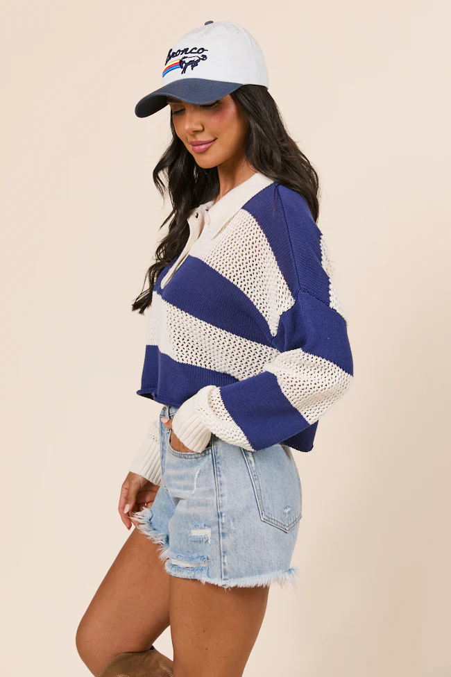 Zebb Long Sleeve Navy Striped Open Knit Sweater - Terpint